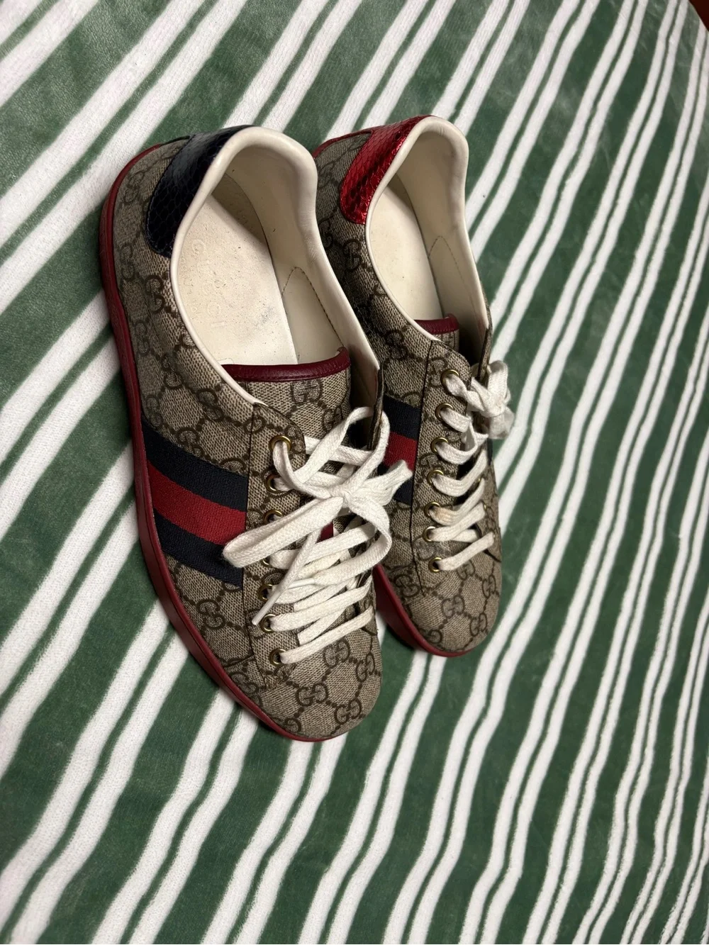 Gucci Tan GG Supreme Low-Top Sneakers with Red & Blue Web